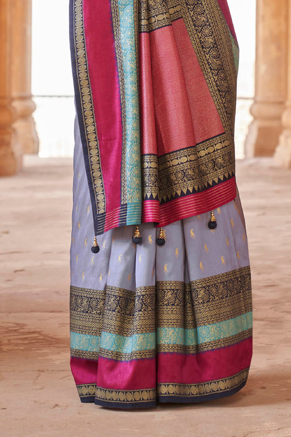 Light Blue & Pink Border Banarasi Silk Saree with Pretty Blouse