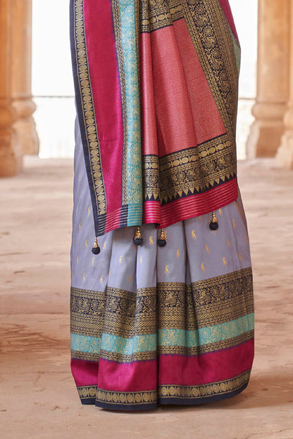 Light Blue & Pink Border Banarasi Silk Saree with Pretty Blouse