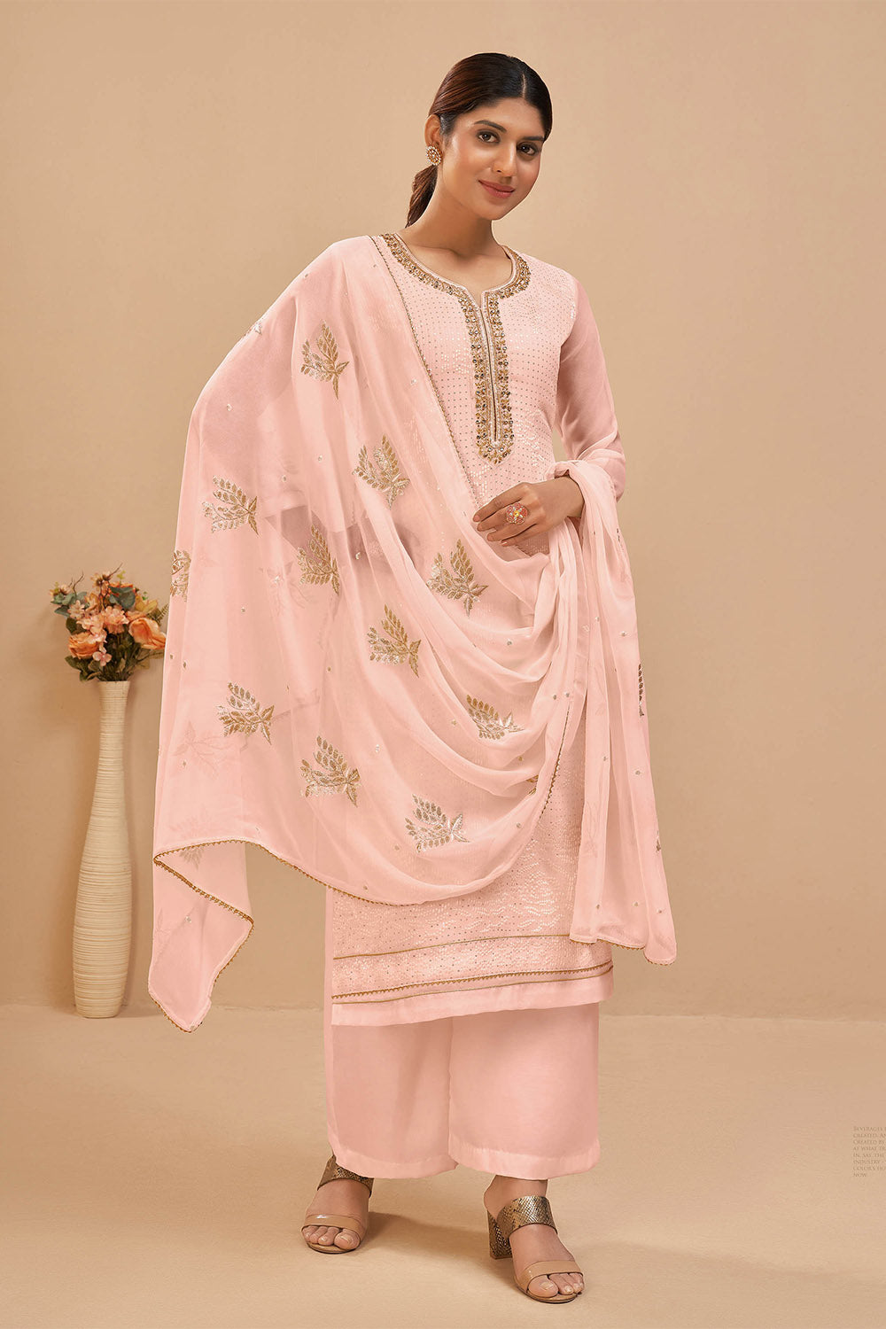 Lemonade Pink Salawar Suit with Embroidery Neck and Printed Dupatta