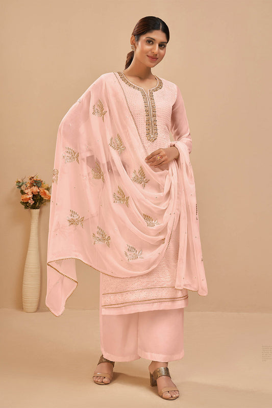Lemonade Pink Salawar Suit with Embroidery Neck and Printed Dupatta