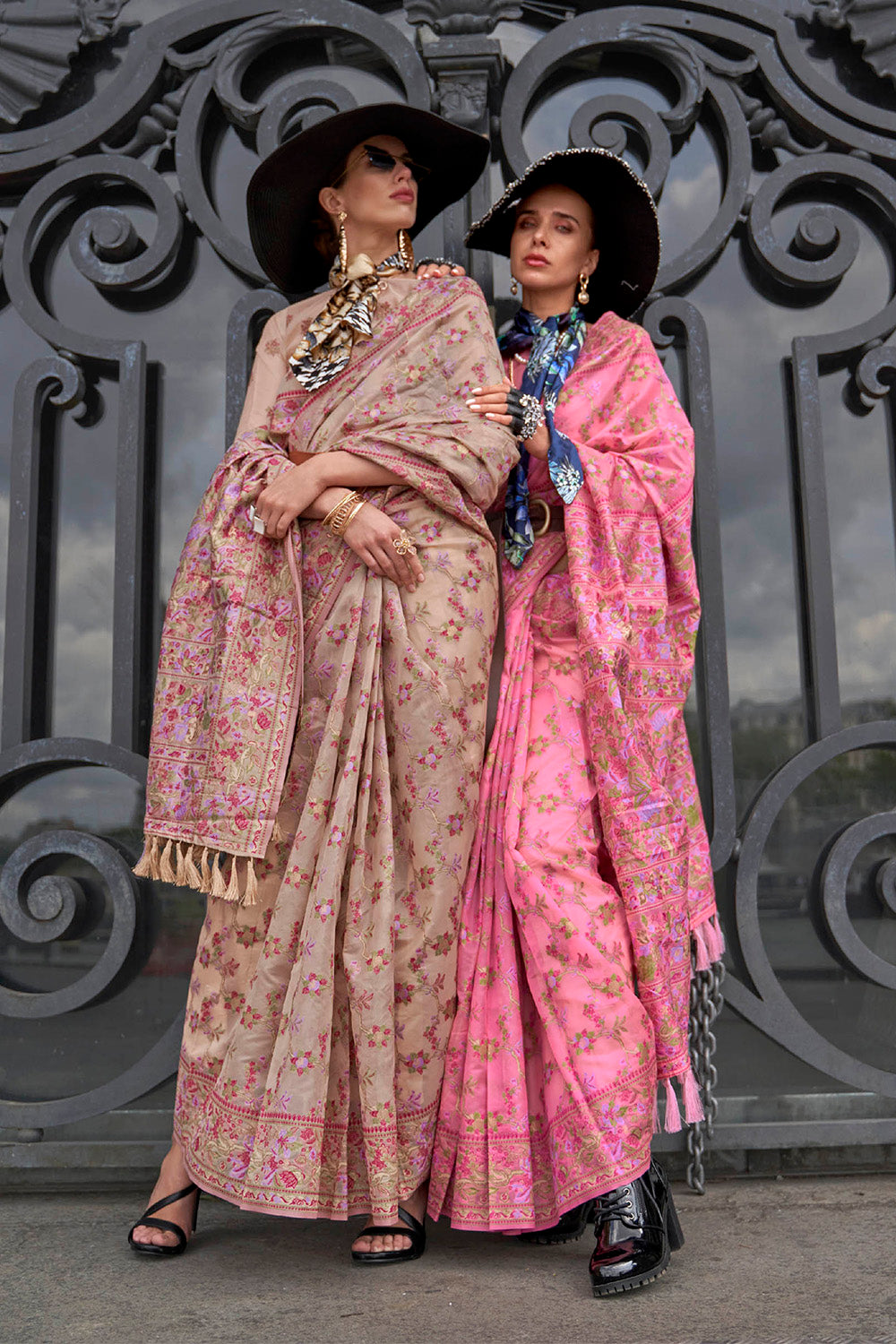 Thulian Pink Floral Border Kashmiri Silk Saree with Pretty Blouse