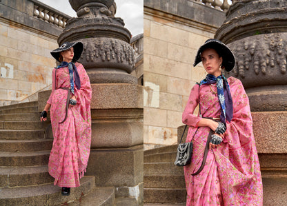 Bubble Gum Pink Designer Border Kashmiri Silk Saree with Fancy Blouse