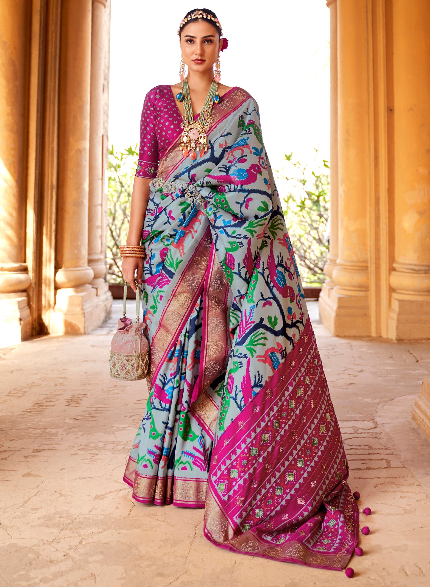 Greyish Blue Navratna Patola Style Saree with Tessles