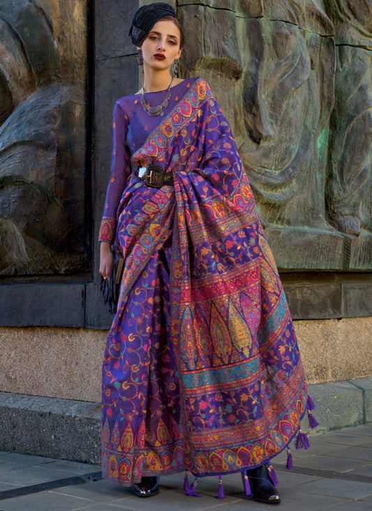 Dark Grape Kashmiri Kani Silk Saree with Fancy Same Colored Blouse