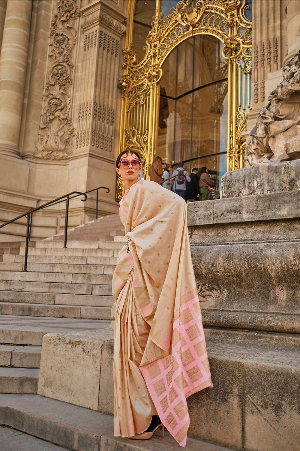 Cream & Baby Pink Banarasi Silk Saree with Same Colored Blouse