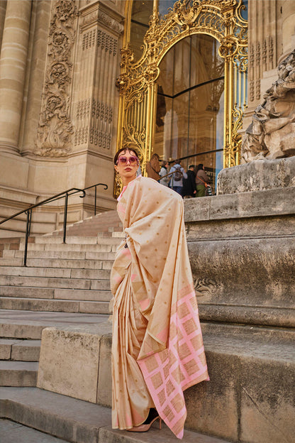 Cream & Baby Pink Banarasi Silk Saree with Same Colored Blouse