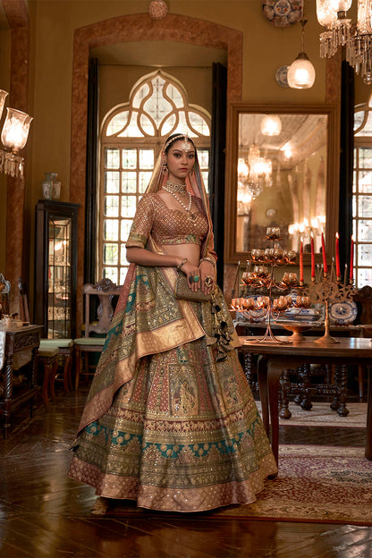 Green with Caramel Maharani Style Soft Silk Designer Lahenga Choli for Woman