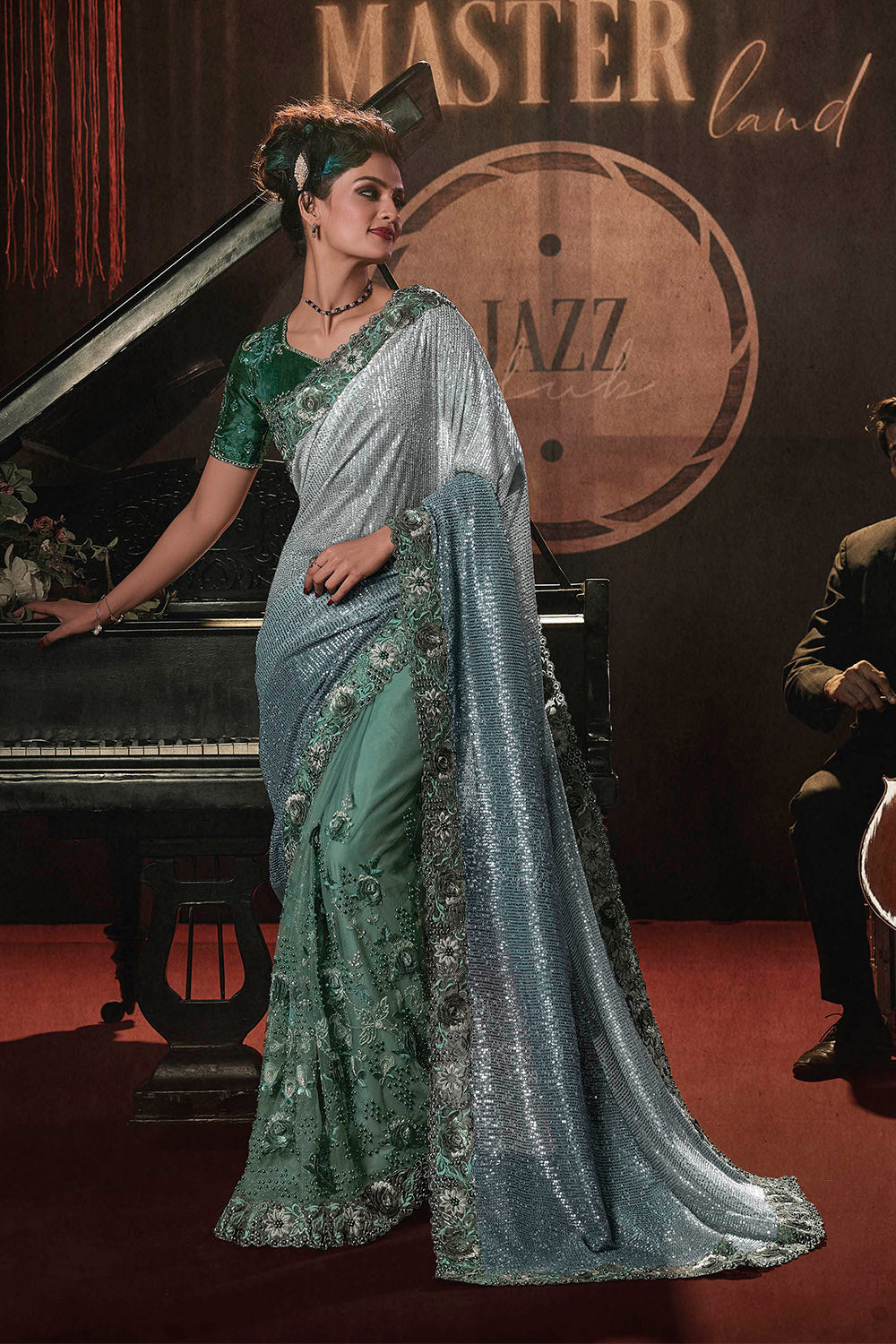 Jungle Green & Party Wear Saree with Green Designer Blouse