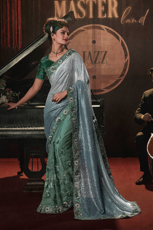 Jungle Green & Party Wear Saree with Green Designer Blouse