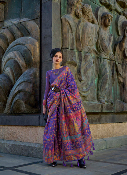 Dark Grape Kashmiri Kani Silk Saree with Fancy Same Colored Blouse