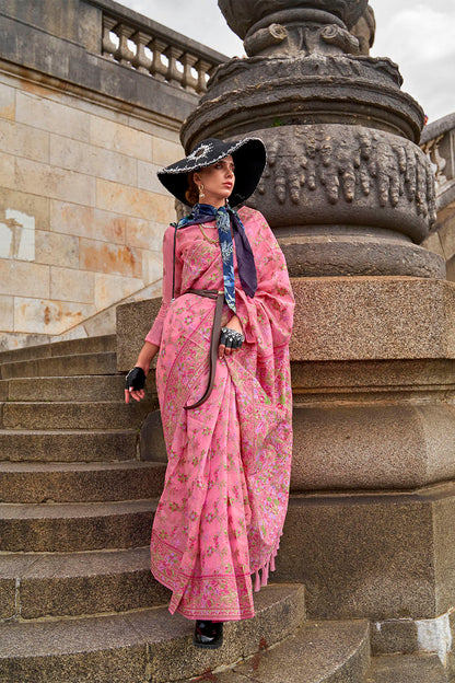 Bubble Gum Pink Designer Border Kashmiri Silk Saree with Fancy Blouse