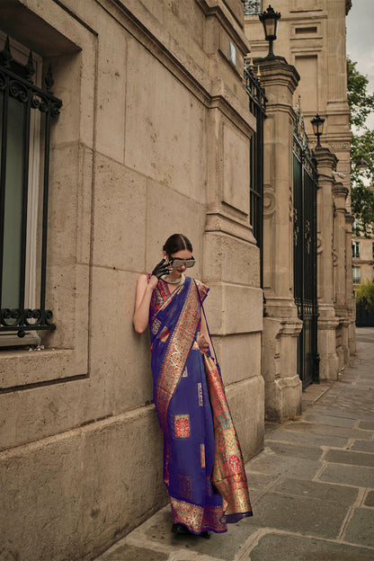 Dark Blue & Golden Butti Kashmiri Silk Saree with Sleeve Less Blue Blouse
