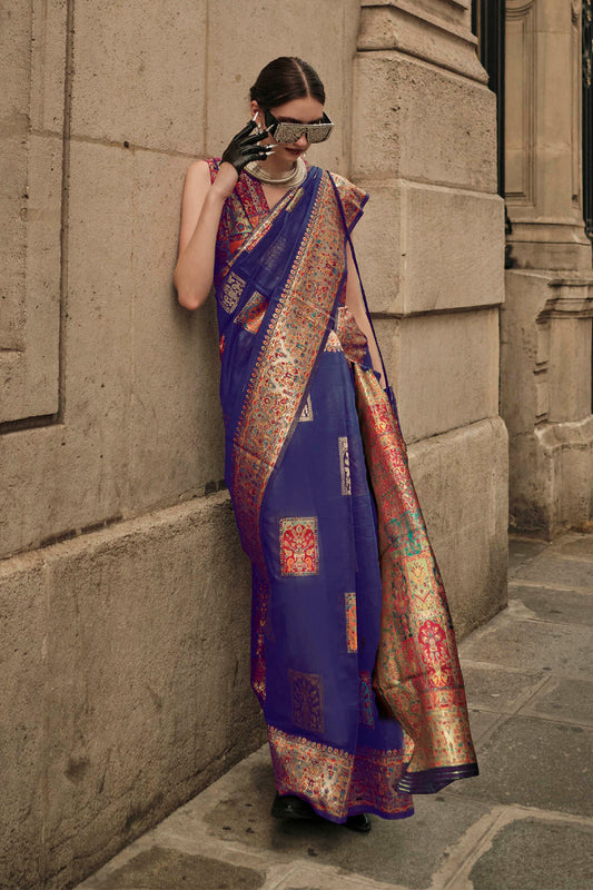 Dark Blue & Golden Butti Kashmiri Silk Saree with Sleeve Less Blue Blouse