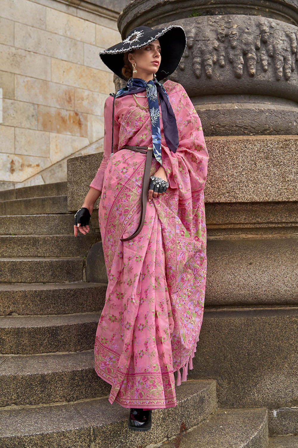 Bubble Gum Pink Designer Border Kashmiri Silk Saree with Fancy Blouse