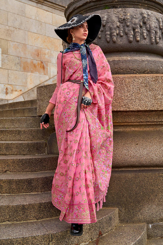 Bubble Gum Pink Designer Border Kashmiri Silk Saree with Fancy Blouse