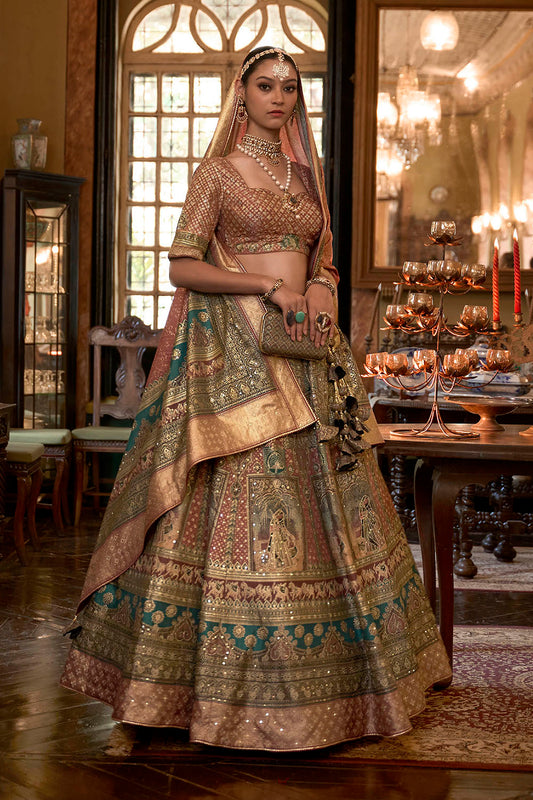 Green with Caramel Maharani Style Soft Silk Designer Lahenga Choli for Woman