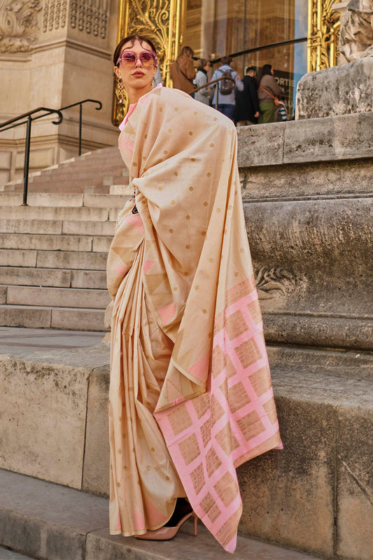 Cream & Baby Pink Banarasi Silk Saree with Same Colored Blouse