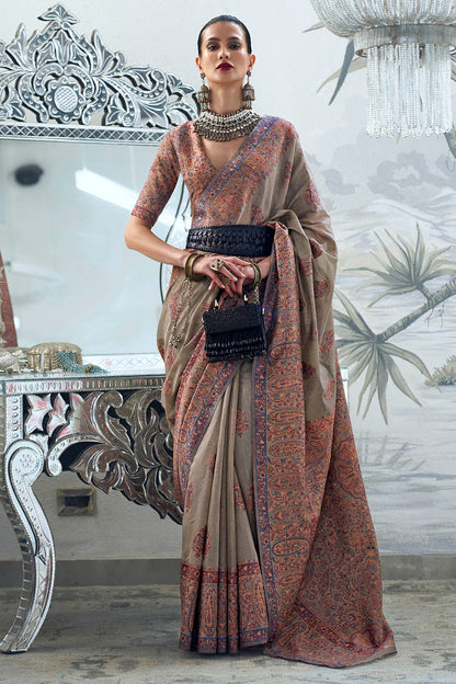 Peanut Brown Fancy Border Kashmiri Saree with Same Colored Blouse
