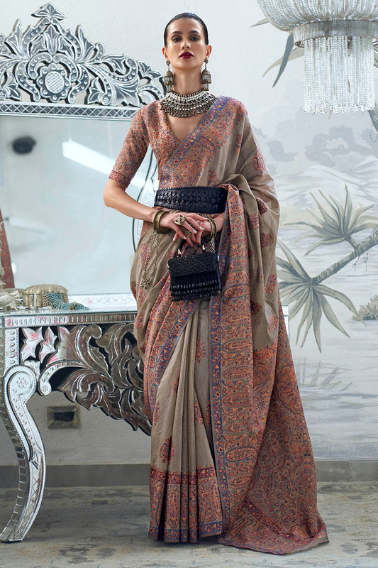 Peanut Brown Fancy Border Kashmiri Saree with Same Colored Blouse