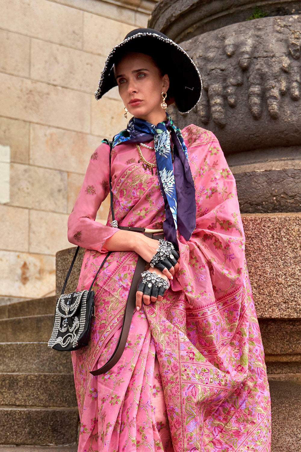 Bubble Gum Pink Designer Border Kashmiri Silk Saree with Fancy Blouse