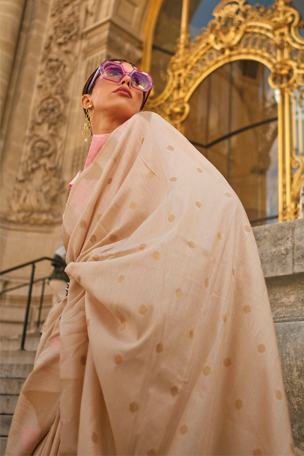 Cream & Baby Pink Banarasi Silk Saree with Same Colored Blouse