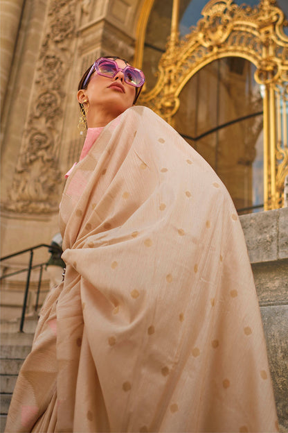 Cream & Baby Pink Banarasi Silk Saree with Same Colored Blouse