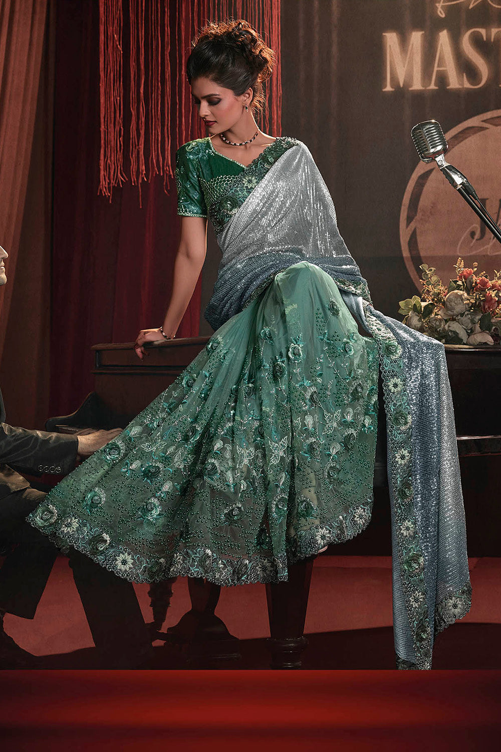 Jungle Green & Party Wear Saree with Green Designer Blouse
