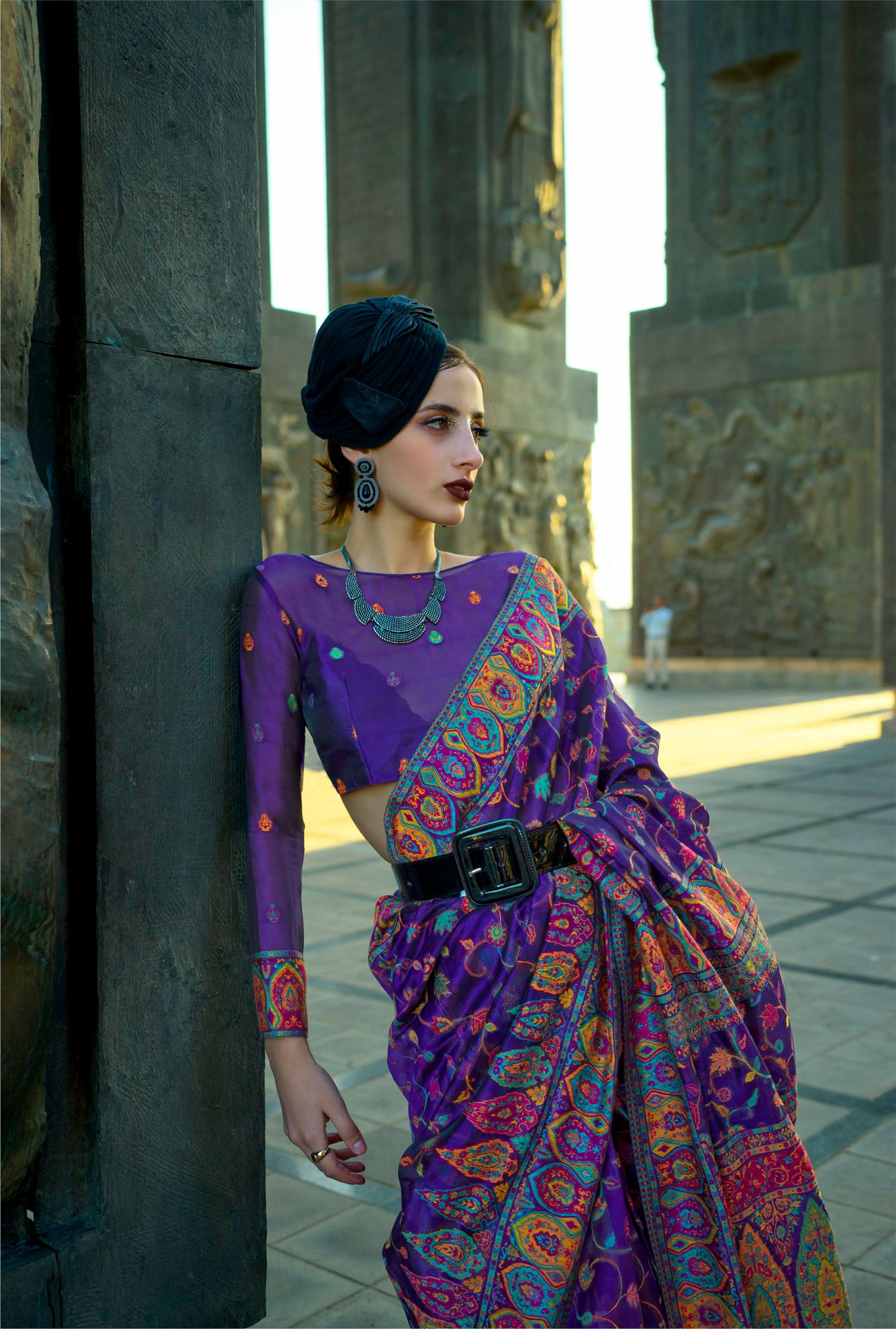 Dark Grape Kashmiri Kani Silk Saree with Fancy Same Colored Blouse