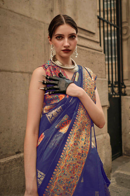 Dark Blue & Golden Butti Kashmiri Silk Saree with Sleeve Less Blue Blouse