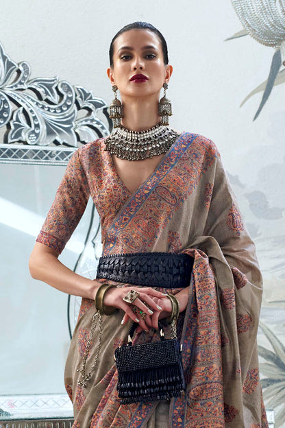 Peanut Brown Fancy Border Kashmiri Saree with Same Colored Blouse