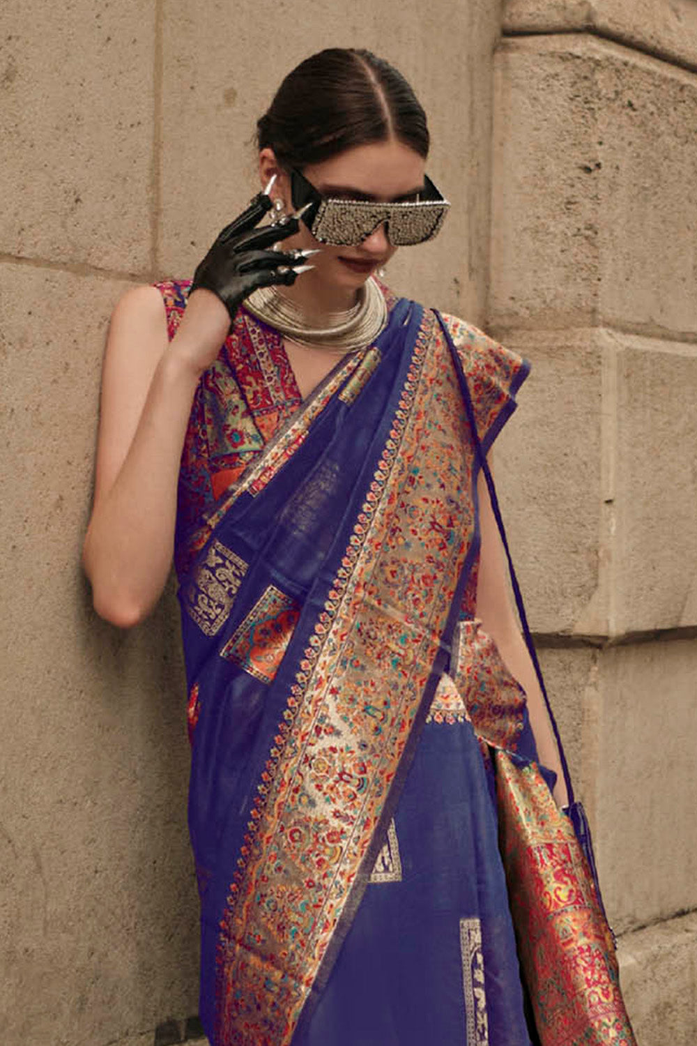 Dark Blue & Golden Butti Kashmiri Silk Saree with Sleeve Less Blue Blouse