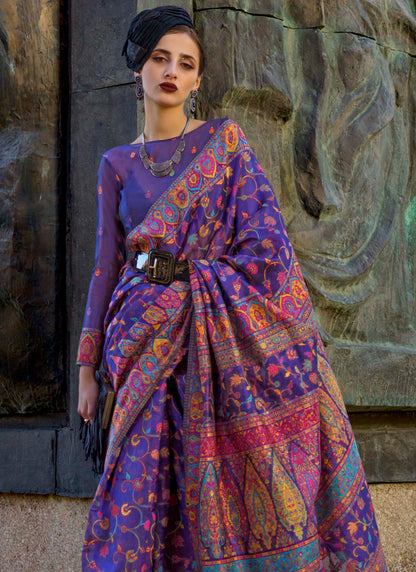 Dark Grape Kashmiri Kani Silk Saree with Fancy Same Colored Blouse