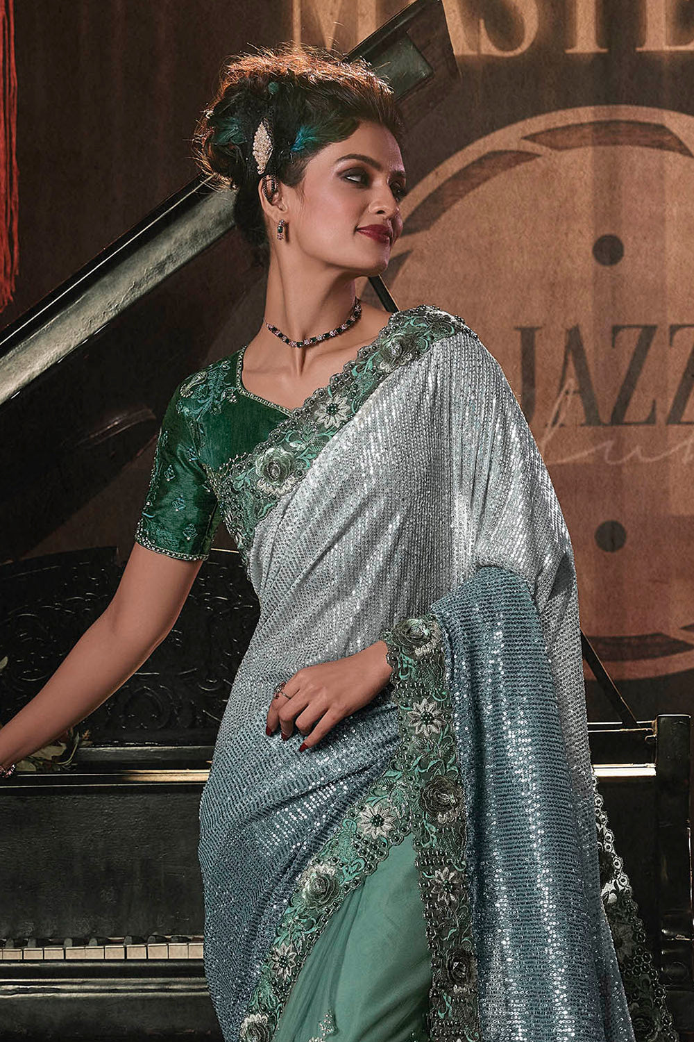Jungle Green & Party Wear Saree with Green Designer Blouse