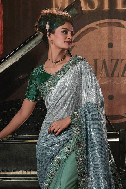 Jungle Green & Party Wear Saree with Green Designer Blouse
