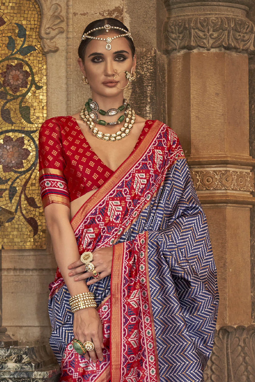 Blue & Red Designer Border Patola Saree with Red Designer Blouse