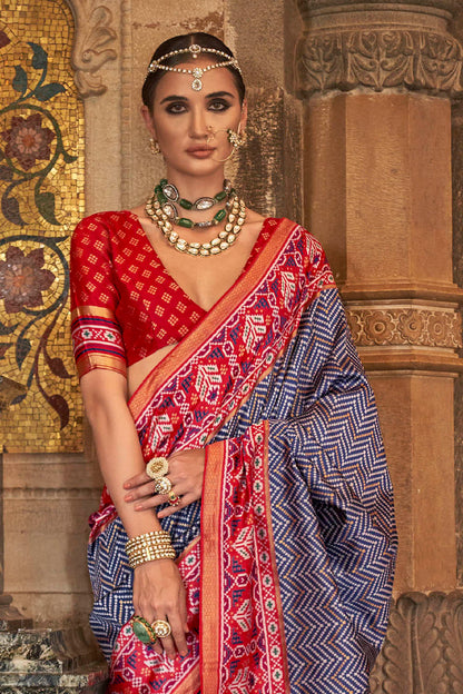 Blue & Red Designer Border Patola Saree with Red Designer Blouse