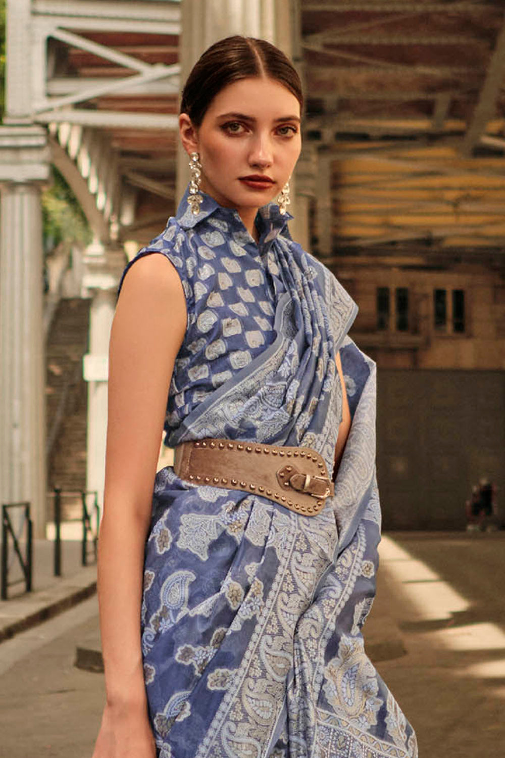 Steel Blue & White Floral Design Lucknowi Chikan Kari Saree with Pretty Blouse