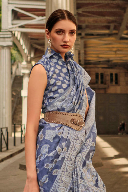 Steel Blue & White Floral Design Lucknowi Chikan Kari Saree with Pretty Blouse
