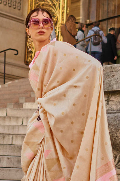 Cream & Baby Pink Banarasi Silk Saree with Same Colored Blouse