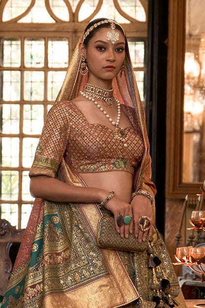 Green with Caramel Maharani Style Soft Silk Designer Lahenga Choli for Woman