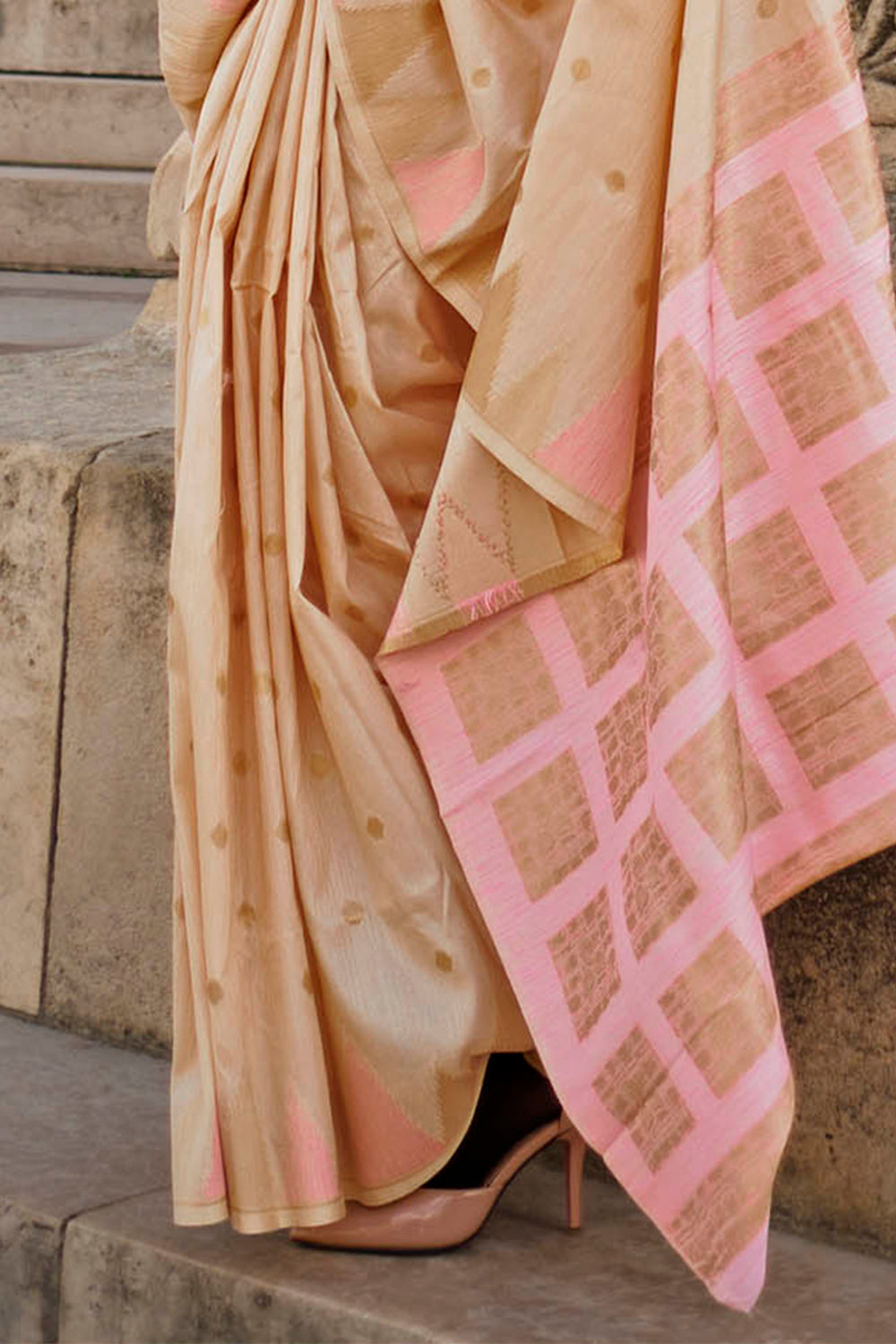 Cream & Baby Pink Banarasi Silk Saree with Same Colored Blouse