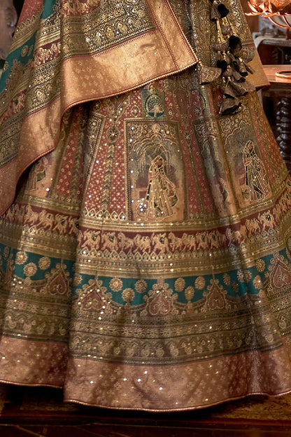 Green with Caramel Maharani Style Soft Silk Designer Lahenga Choli for Woman