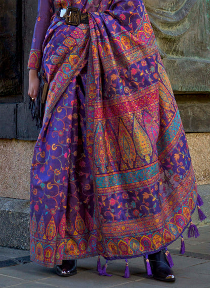 Dark Grape Kashmiri Kani Silk Saree with Fancy Same Colored Blouse