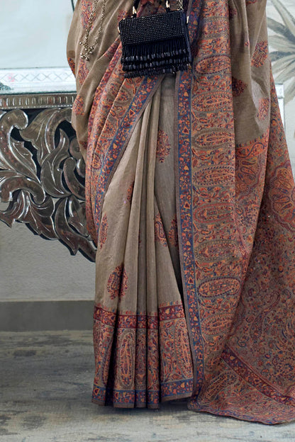 Peanut Brown Fancy Border Kashmiri Saree with Same Colored Blouse