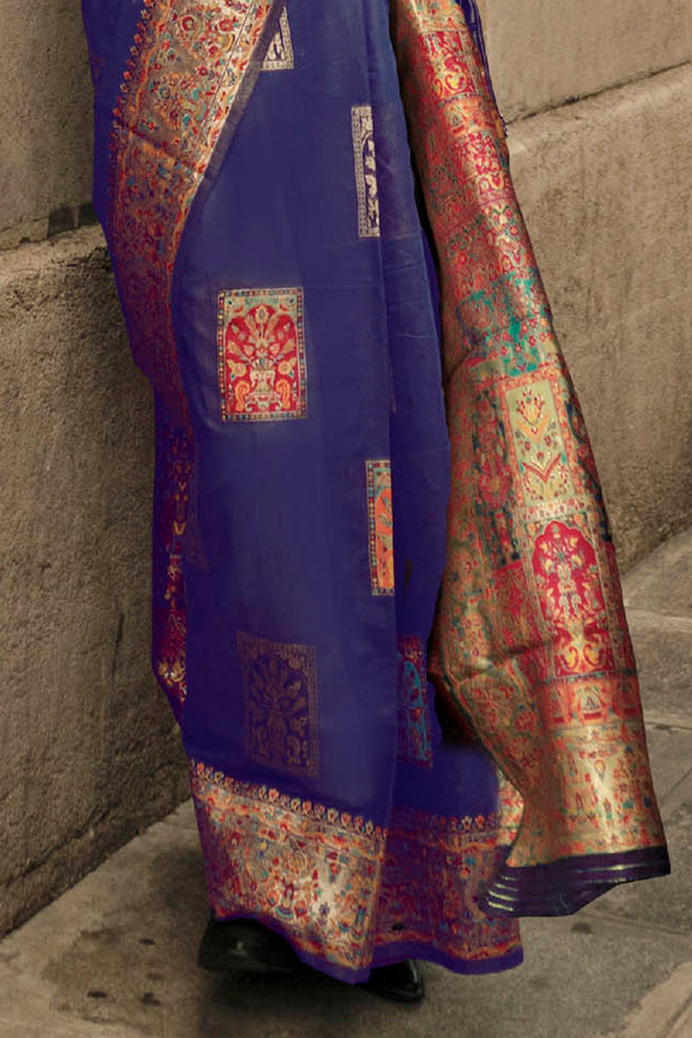 Dark Blue & Golden Butti Kashmiri Silk Saree with Sleeve Less Blue Blouse