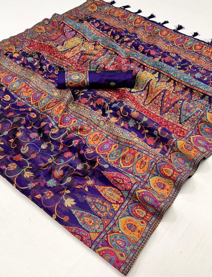 Dark Grape Kashmiri Kani Silk Saree with Fancy Same Colored Blouse