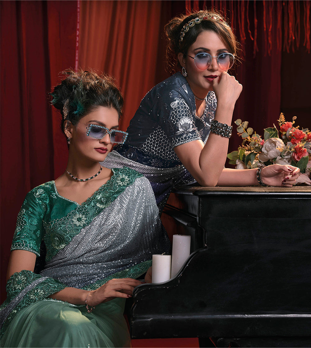 Jungle Green & Party Wear Saree with Green Designer Blouse