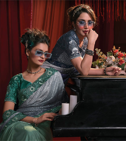 Jungle Green & Party Wear Saree with Green Designer Blouse