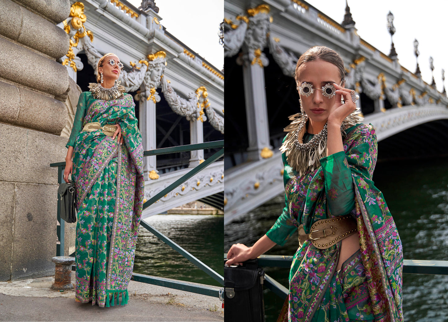 Jungle Green Floral Border Kashmiri Silk Saree with Pretty Blouse