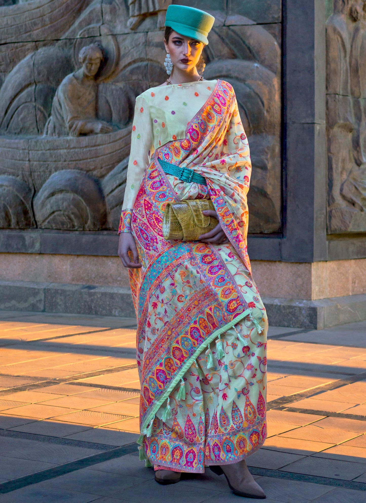 Baby Blue Kashmiri Kani Silk Saree with Pretty Blouse